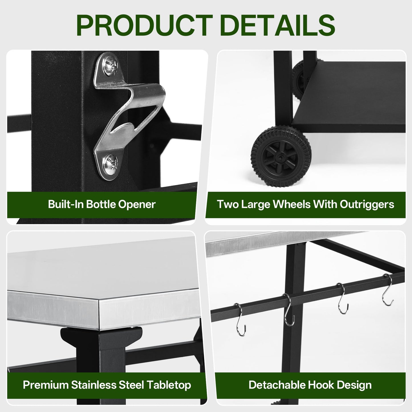 2-Tier Outdoor Grill Cart stainless steel tabletop with built-in bottle opener and two wheels on Tampa Home & Garden Store