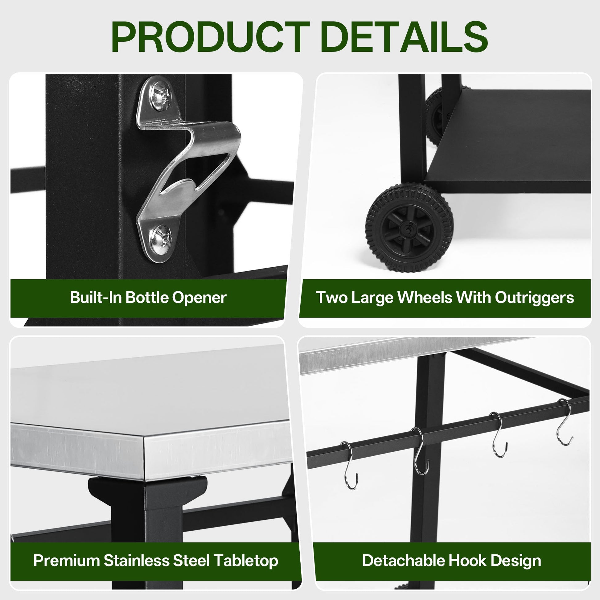 2-Tier Outdoor Grill Cart stainless steel tabletop with built-in bottle opener and two wheels on Tampa Home & Garden Store