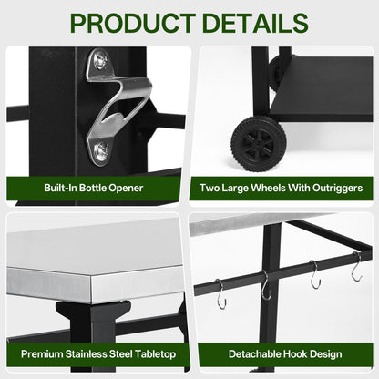 2-Tier Outdoor Grill Cart stainless steel tabletop with built-in bottle opener and two wheels on Tampa Home & Garden Store