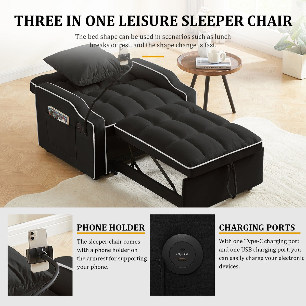 Modern 3 in 1 Convertible Sofa and Chair Bed Set