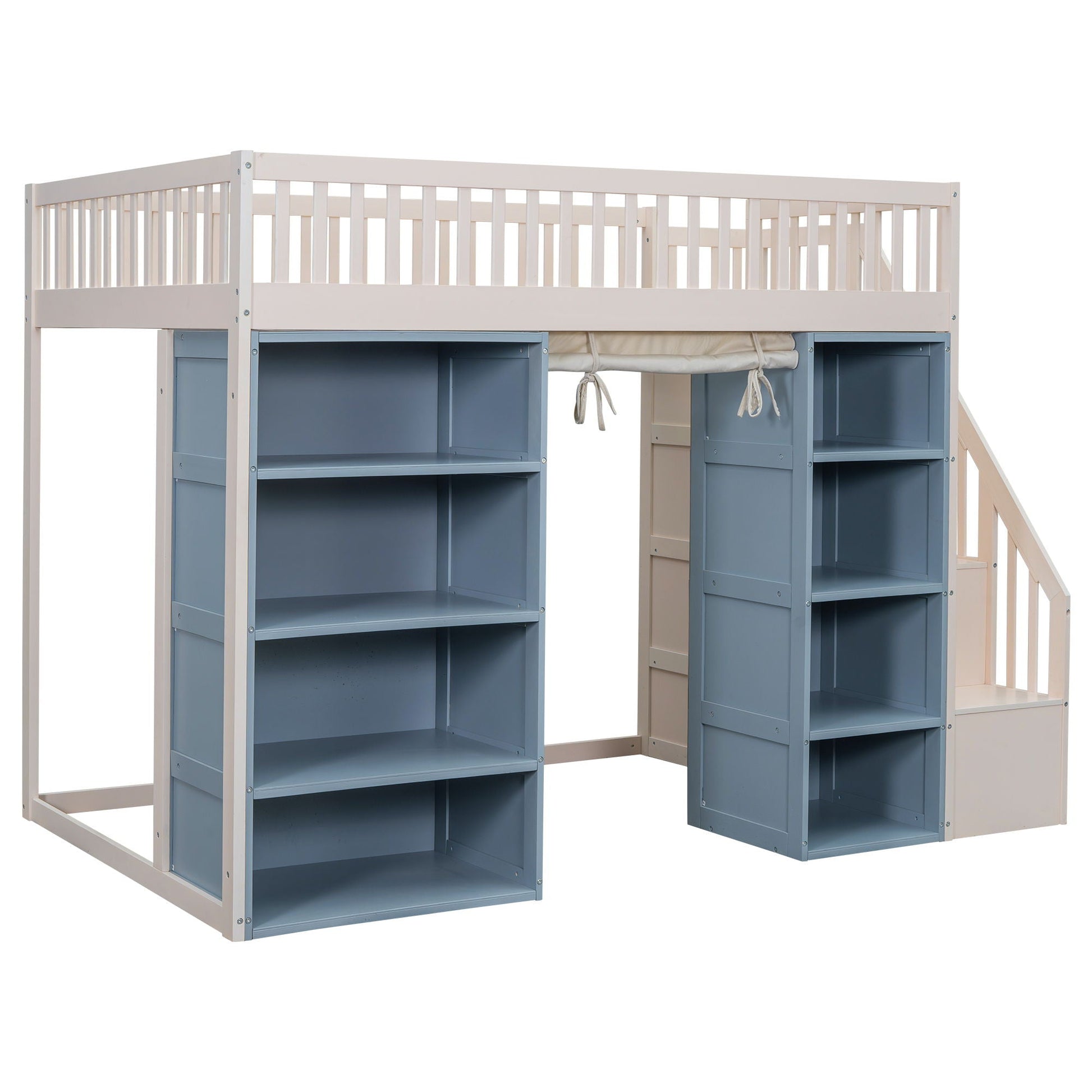 Loft bed with built-in staircase, curtain, and 4-section storage in white and blue on Tampa Home & Garden Store