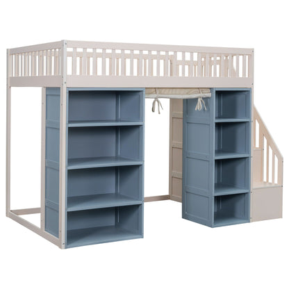 Loft bed with built-in staircase, curtain, and 4-section storage in white and blue on Tampa Home & Garden Store