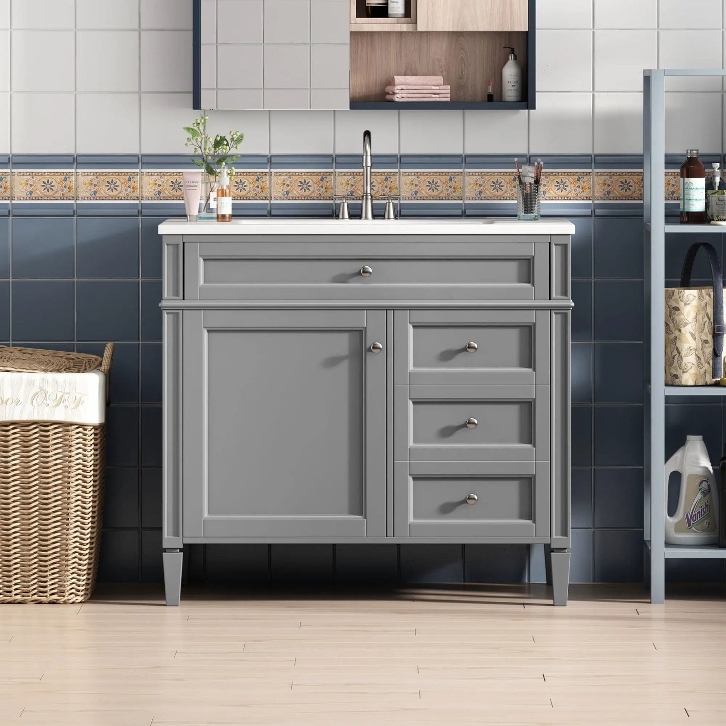 Bathroom vanity base with 2 drawers and a tip-out drawer, gray finish and chrome hardware on Tampa Home & Garden Store