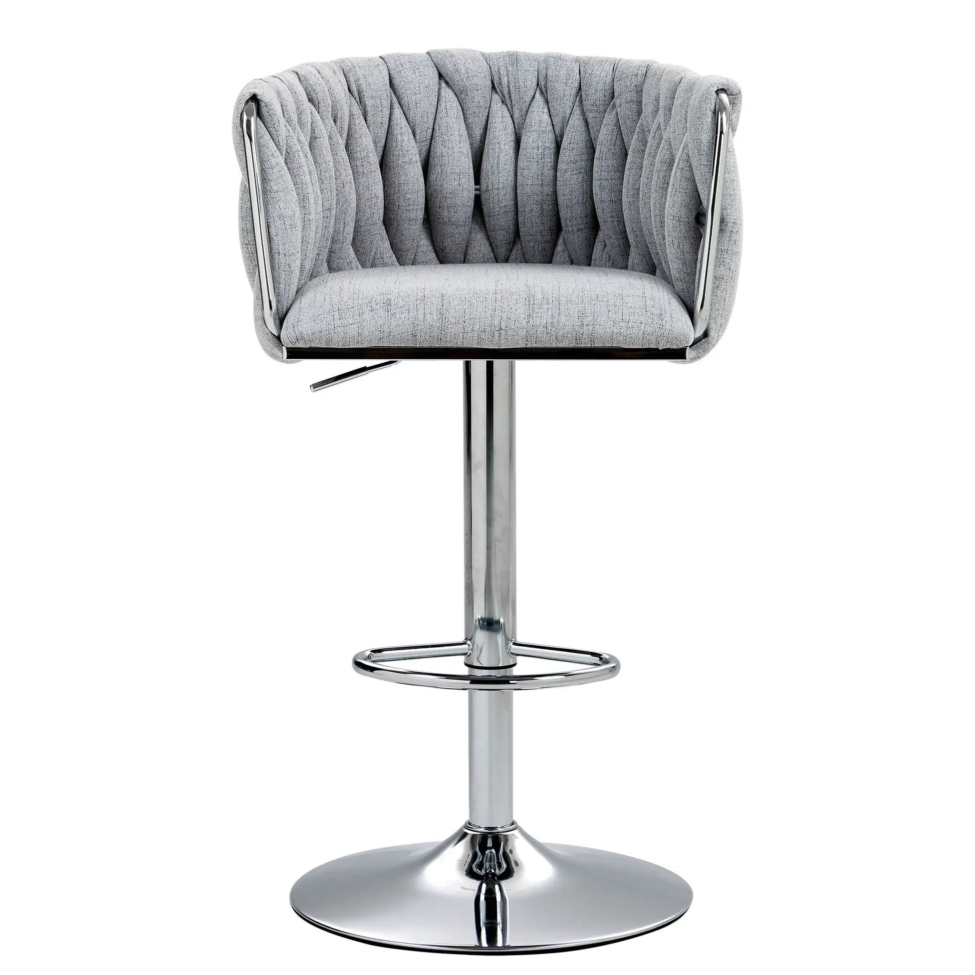 Swivel bar stool gray with woven back and chrome pedestal base, 360° swivel on Tampa Home & Garden Store