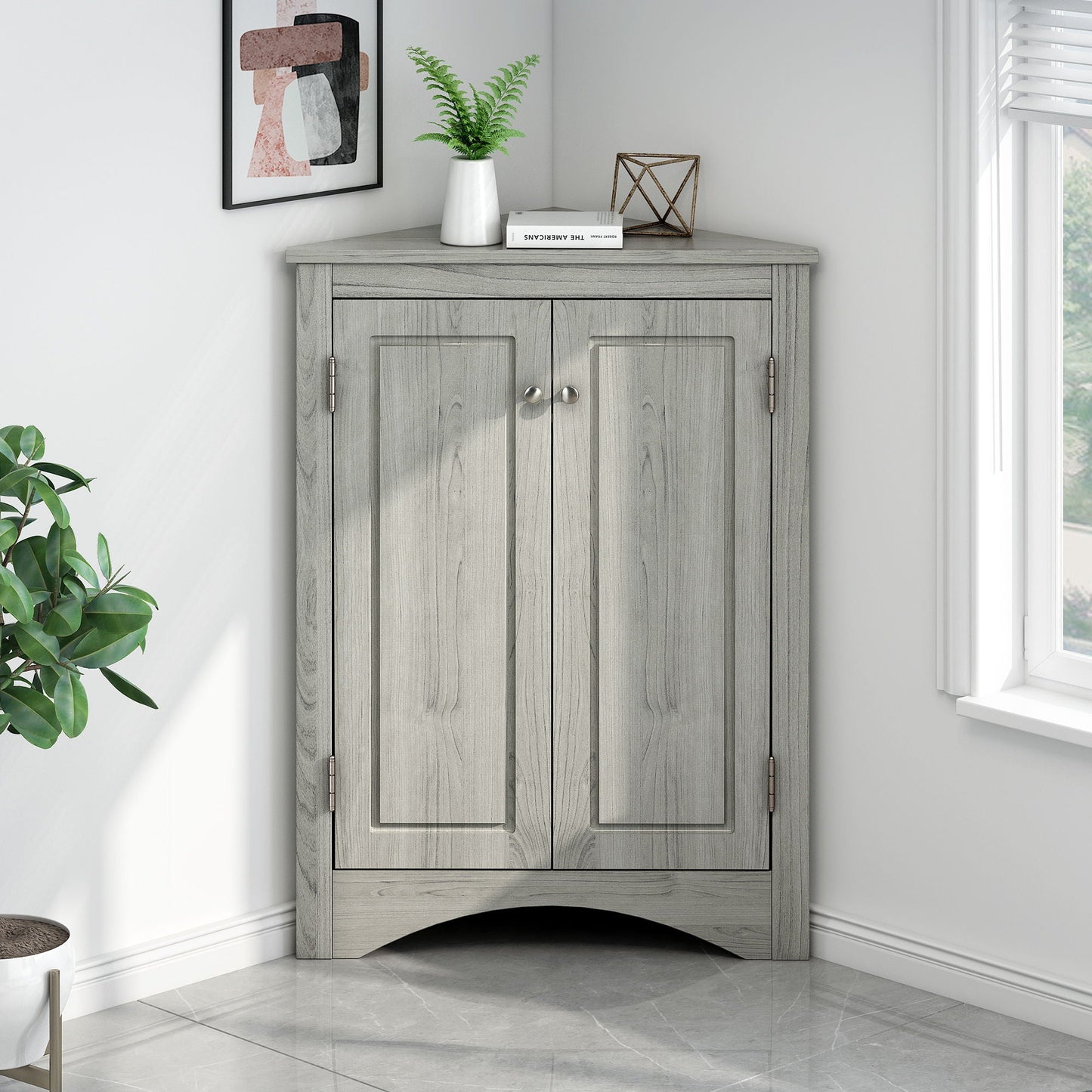 Triangle bathroom storage cabinet with adjustable shelves in gray wood finish HouseOfZazla on Tampa Home & Garden Store