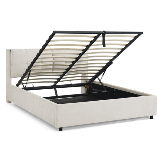 Storage upholstered hydraulic platform bed with integrated headboard, black frame and beige base on Tampa Home & Garden Store