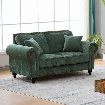 Teal velvet 2-seater sofa with rolled arms, tufted cushions, nailhead trim and dark feet on Tampa Home & Garden Store
