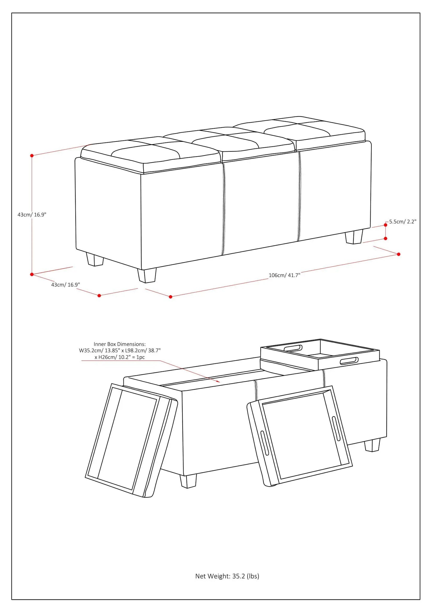 Avalon Upholstered Storage Ottoman With Trays