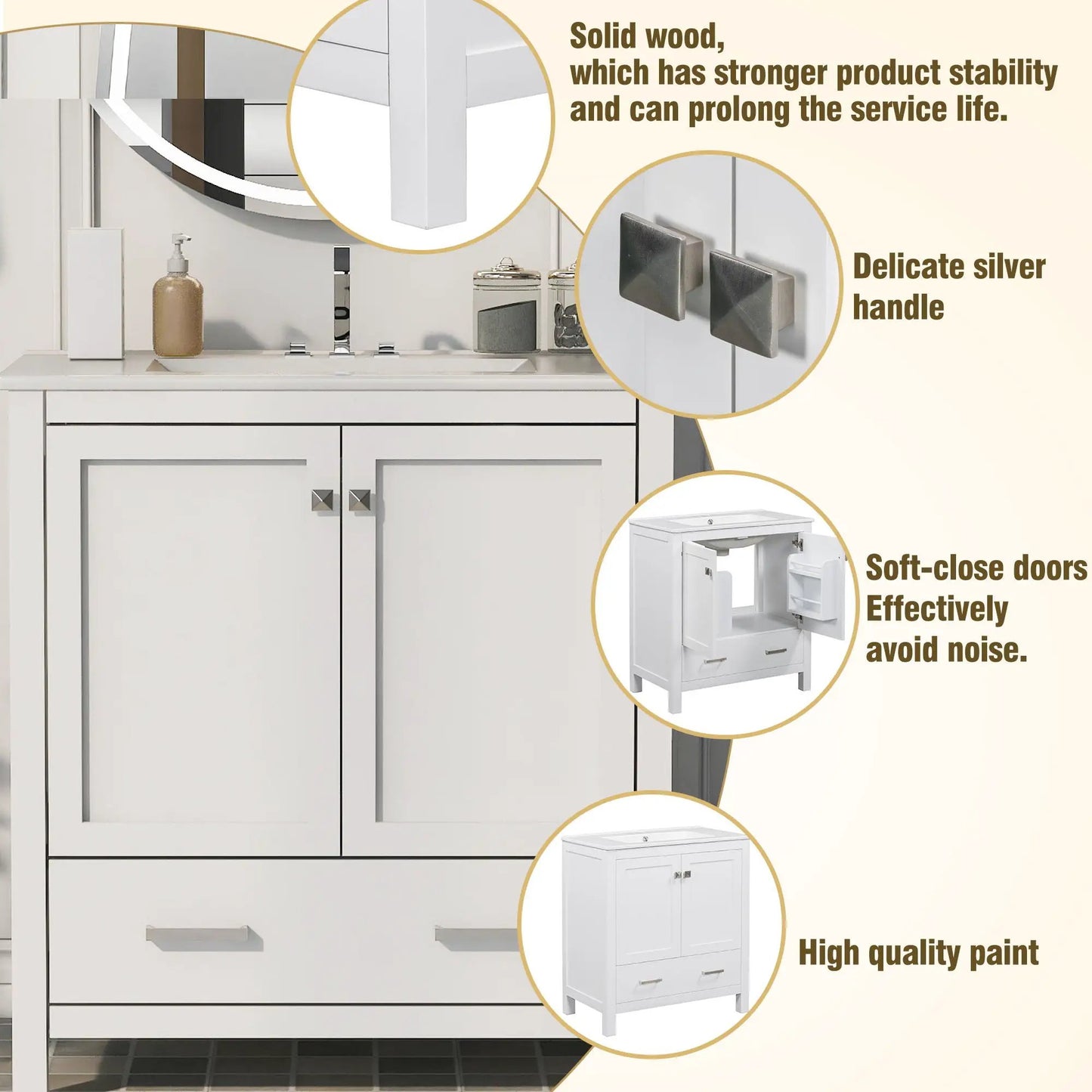 Bathroom vanity with single sink, 2-door cabinet and drawer, soft-closing, solid wood frame on Tampa Home & Garden Store