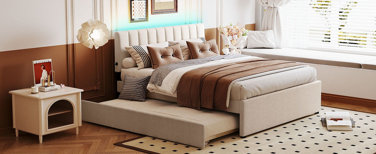 Upholstered bed with pull-out trundle in cream fabric by HouseOfZazla on Tampa Home & Garden Store