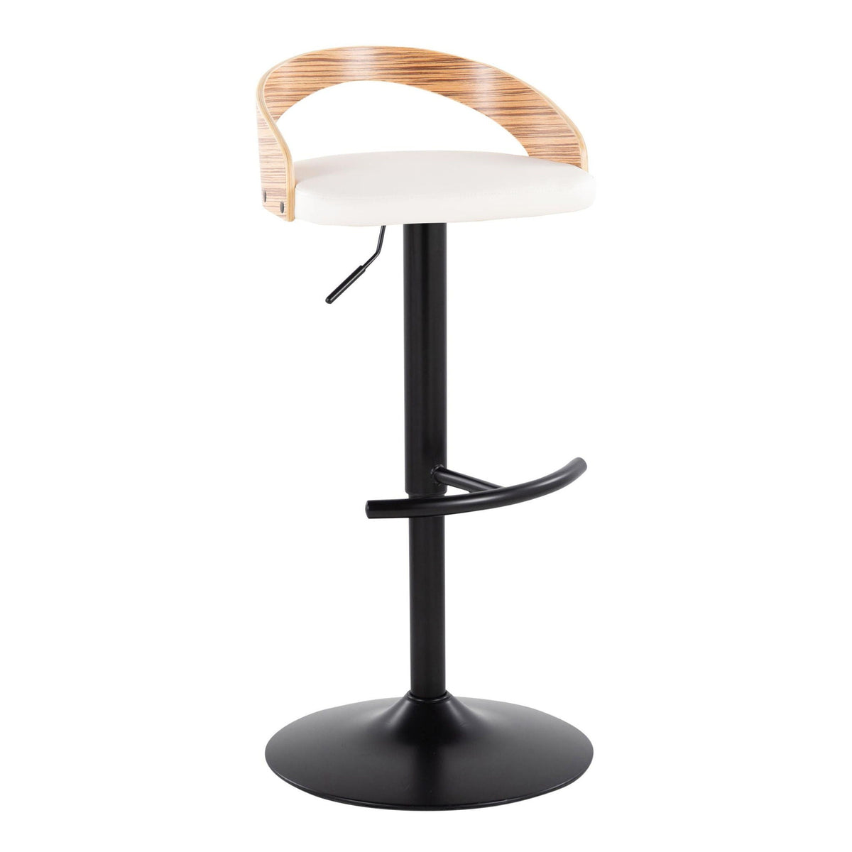 Adjustable swivel barstool with white cushioned seat and wooden back, black pedestal base on Tampa Home & Garden Store
