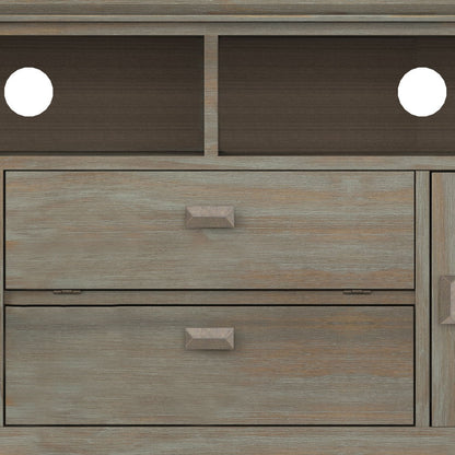 Artisan solid wood TV stand with flip drawer in weathered gray; cubbies and diamond drawers on Tampa Home & Garden Store