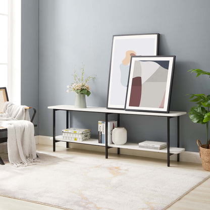 Celine 2-Shelf Console Table with black metal frame and white top; two prints and vase on Tampa Home & Garden Store