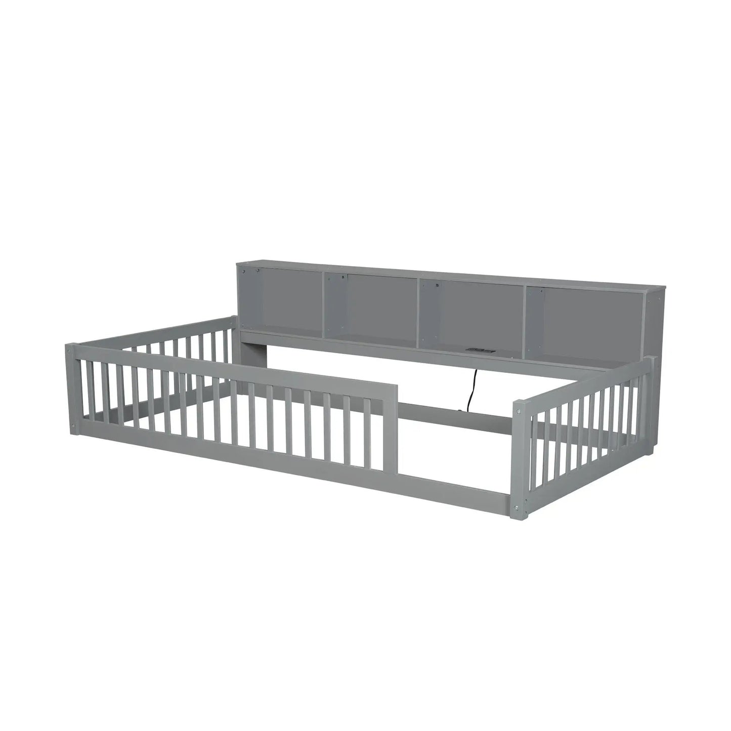 Twin Floor Bed With Storage Cabinets and USB Gray