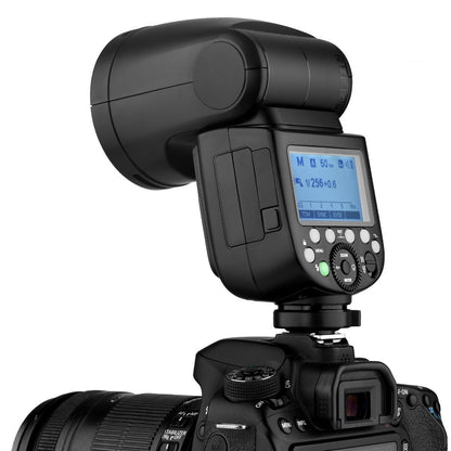 DSLR camera flash unit mounted on top of camera with LCD display and control buttons on Tampa Home & Garden Store