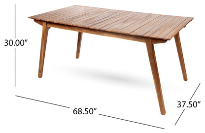 Outdoor Taiga 69 table in acacia wood with teak finish, slatted top and angled legs, 68.5in long on Tampa Home & Garden Store