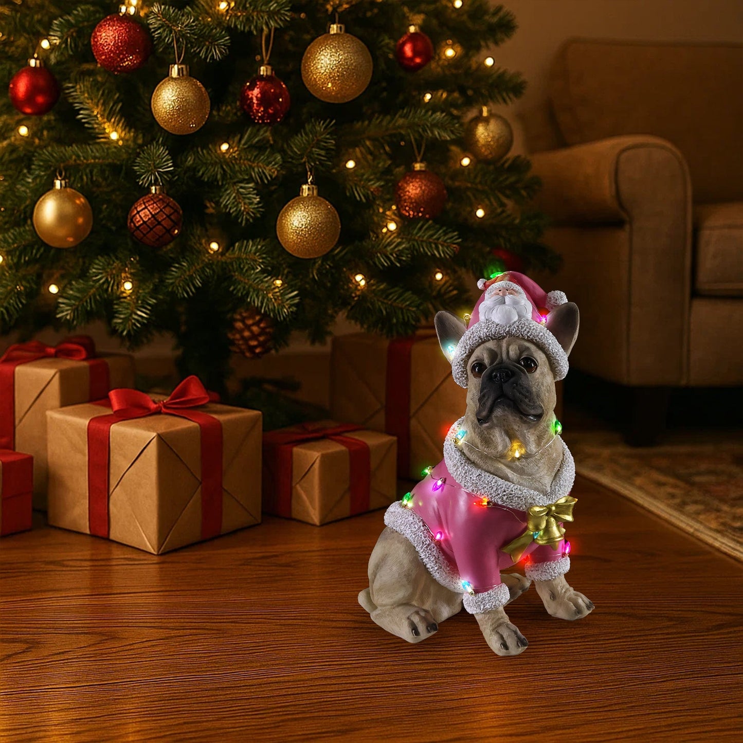 Christmas French Bulldog statue by HouseOfZazla in pink coat with colorful lights on Tampa Home & Garden Store