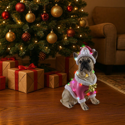 Christmas French Bulldog statue by HouseOfZazla in pink coat with colorful lights on Tampa Home & Garden Store