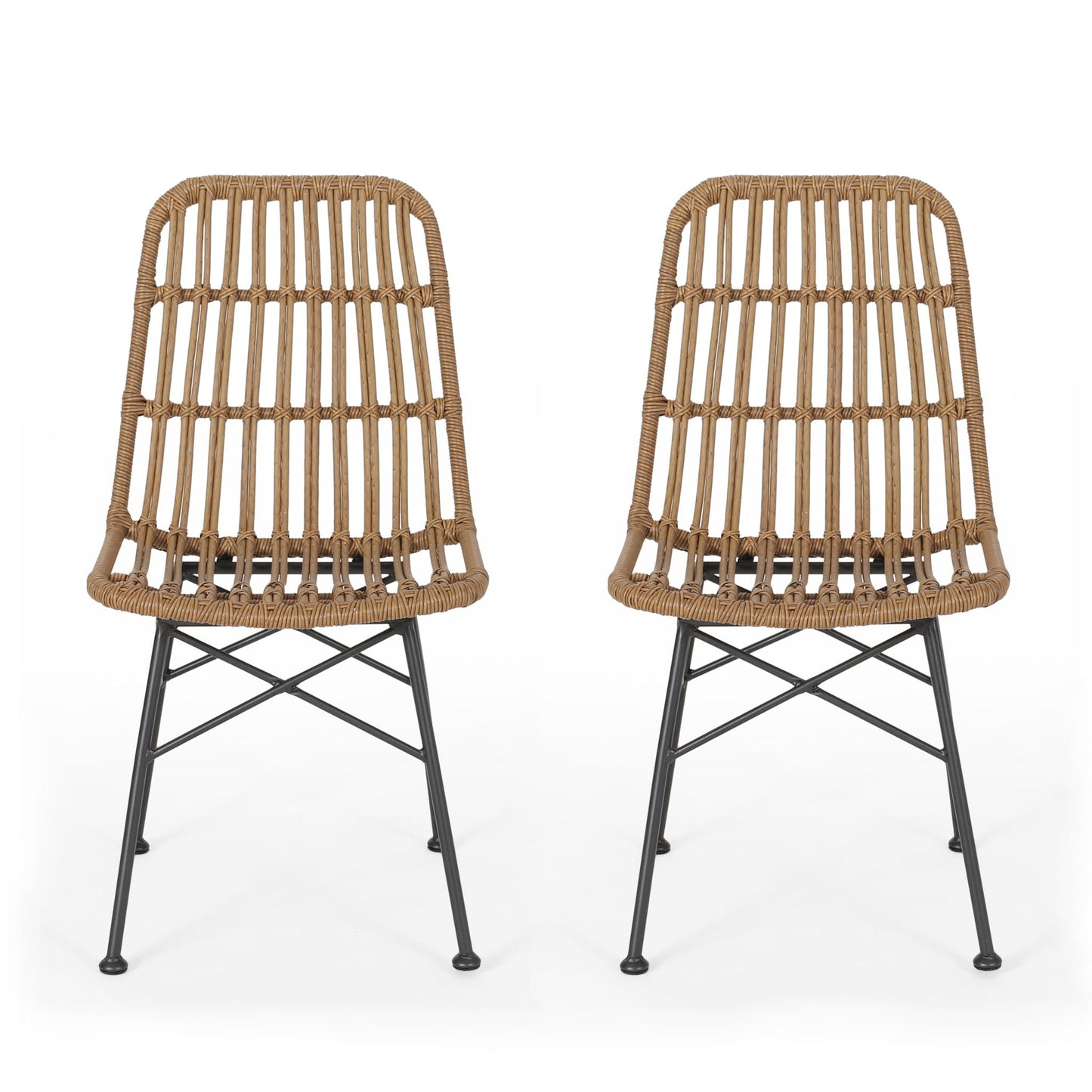 Sawtelle Outdoor Dining Chair pair in natural rattan with black metal legs HouseOfZazla on Tampa Home & Garden Store