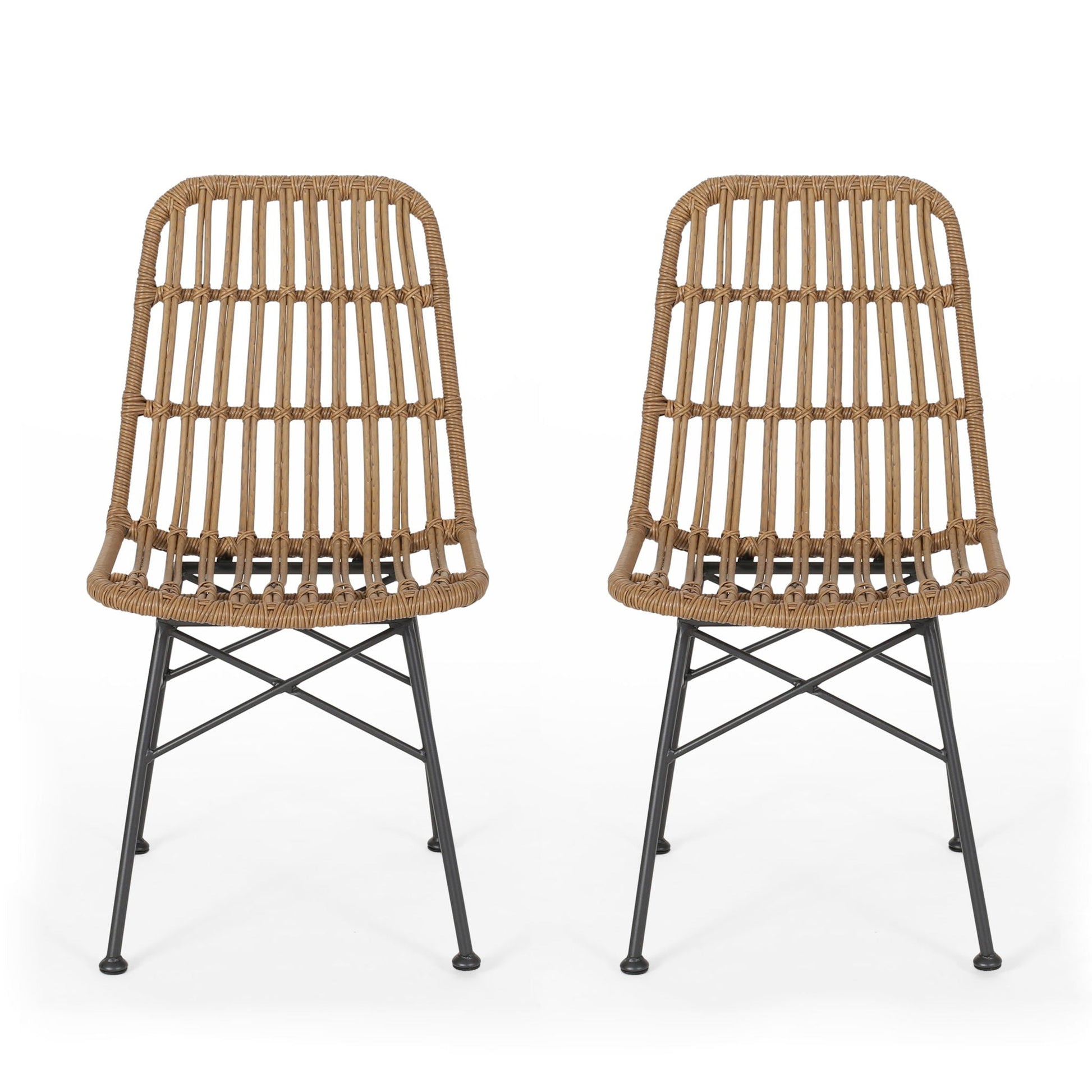 Sawtelle Outdoor Dining Chair pair in natural rattan with black metal legs HouseOfZazla on Tampa Home & Garden Store