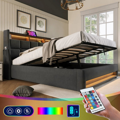 Upholstered Platform Bed With Storage USB LED