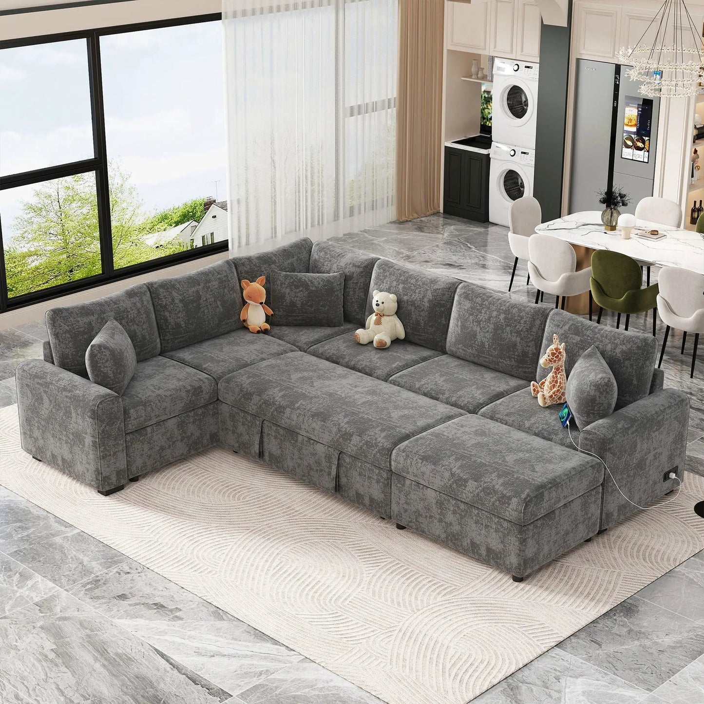 Sectional sleeper sofa gray fabric storage ottoman 3 pillows by Unique Piece Furniture on Tampa Home & Garden Store