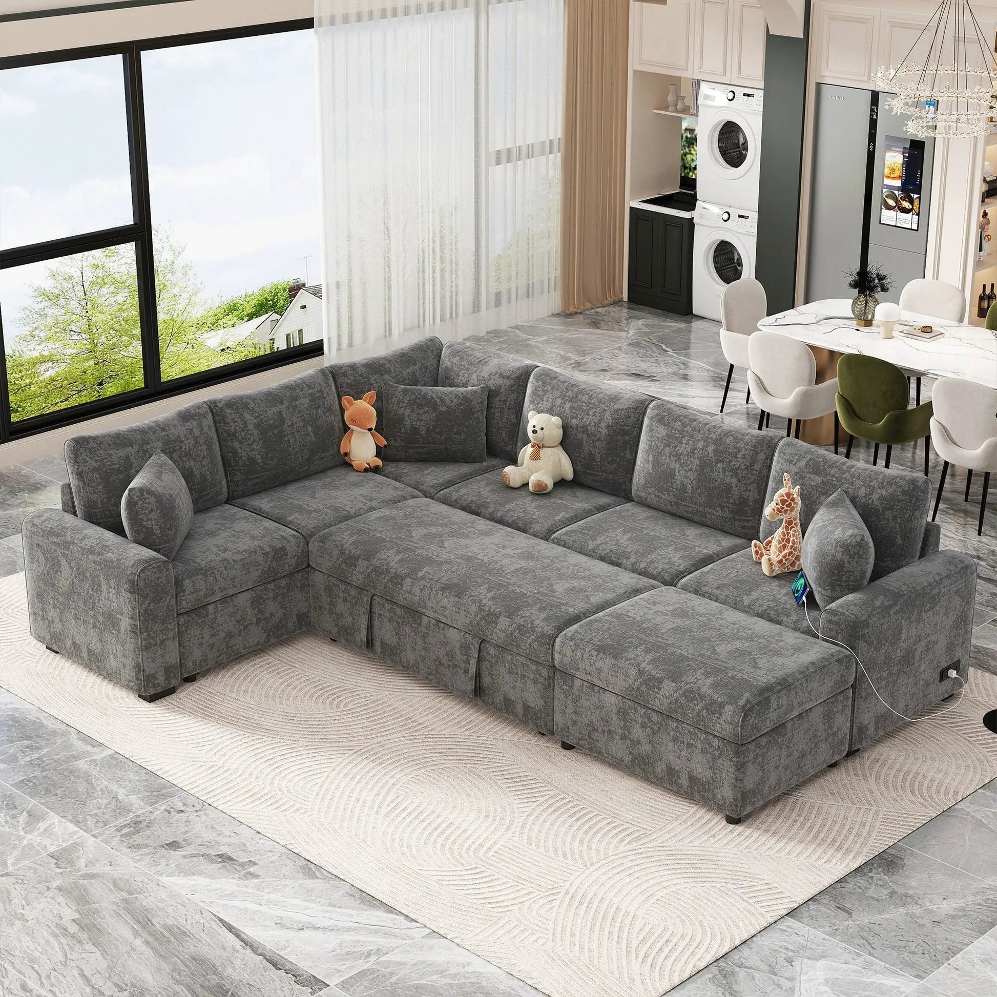 Sectional sleeper sofa gray fabric storage ottoman 3 pillows by Unique Piece Furniture on Tampa Home & Garden Store