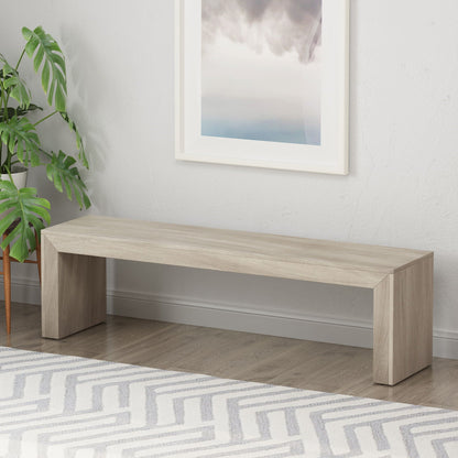 Acacia Wood Dining Bench, farmhouse style in light finish, indoor room with plant and art on Tampa Home & Garden Store