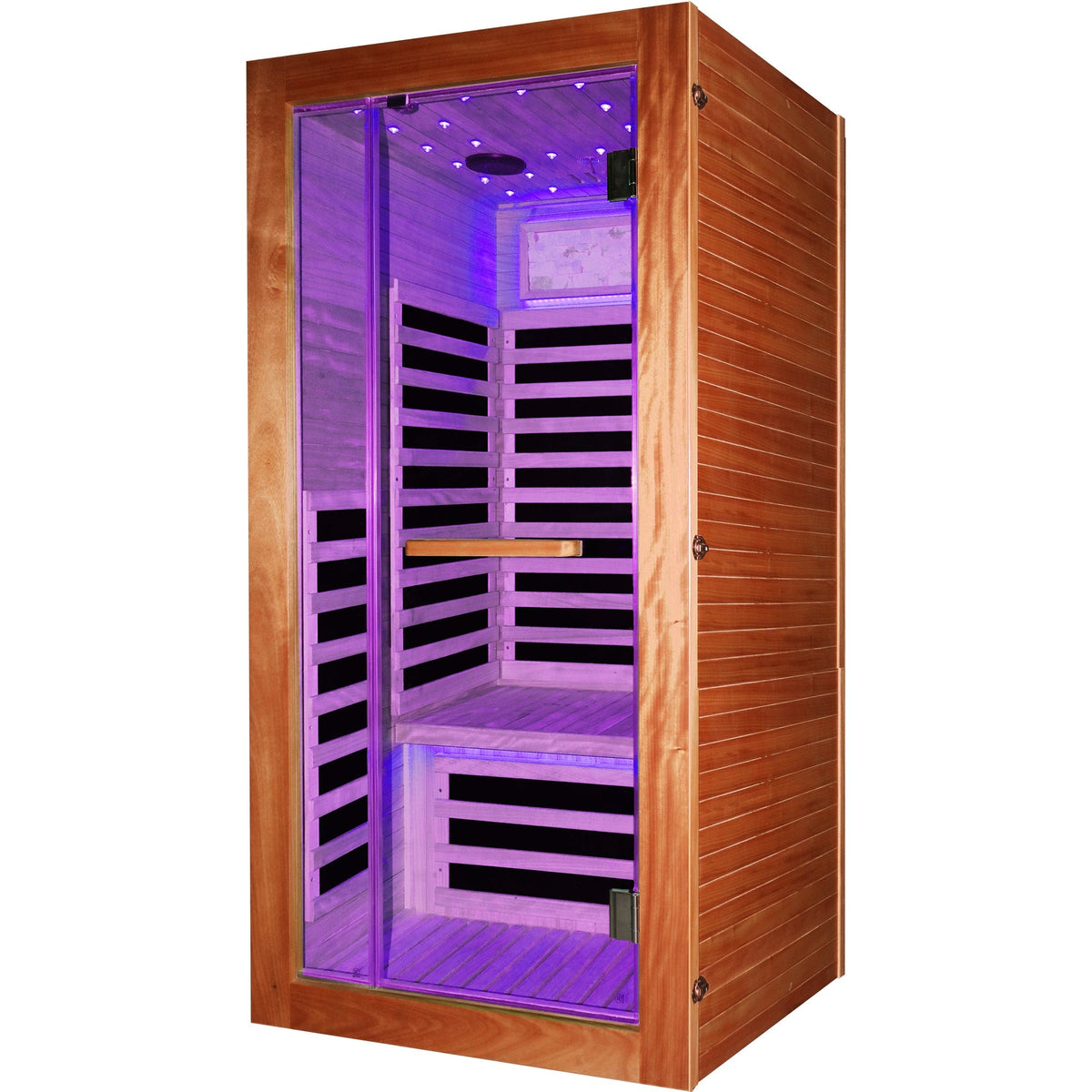Single-Person Sauna Room with 7 heating plates, White Oak, purple interior lighting on Tampa Home & Garden Store