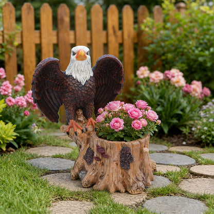Eagle Planter Pot with white head and brown wings carved tree-stump base HouseOfZazla on Tampa Home & Garden Store