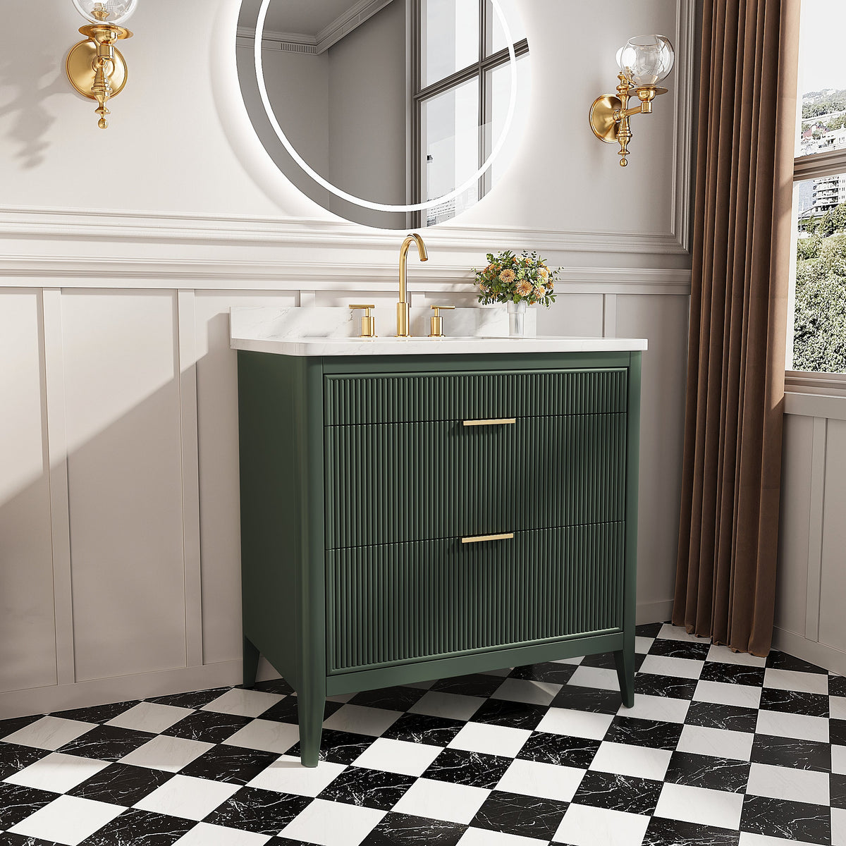 36-inch solid wood grey bathroom vanity with marble top and gold fixtures on Tampa Home & Garden Store