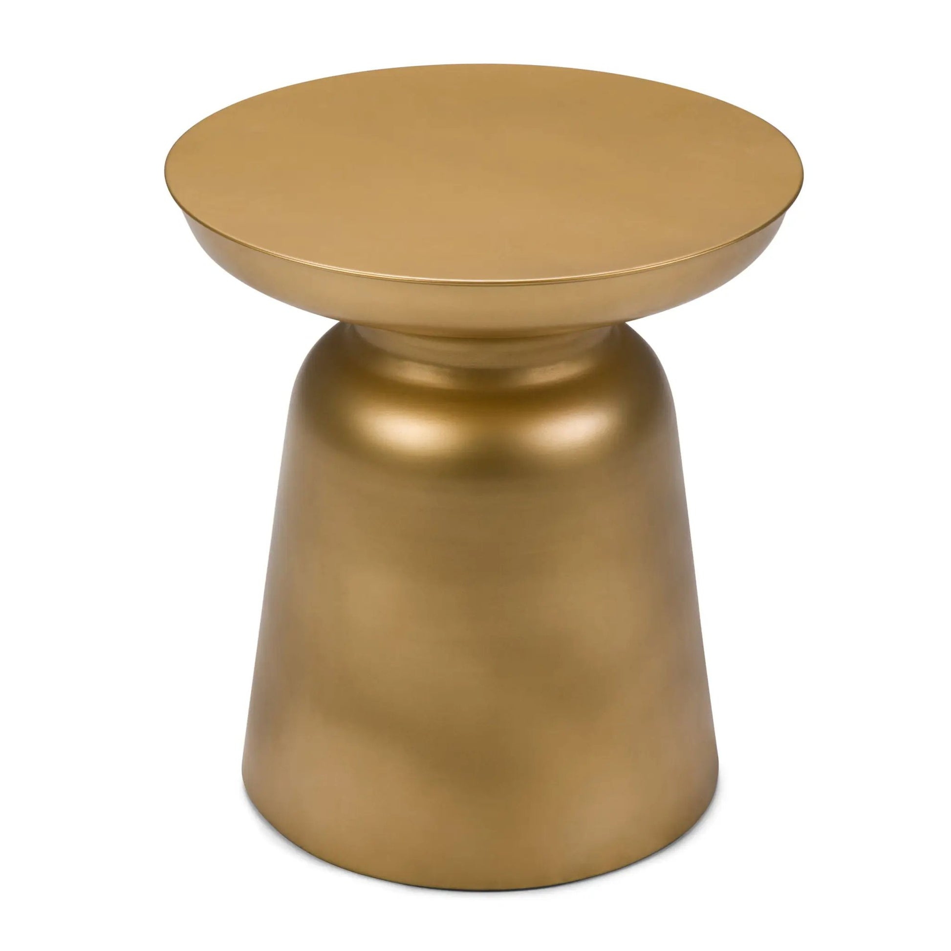 Toby Handcrafted Metal Accent Table, gold finish with a round top on a pedestal base on Tampa Home & Garden Store