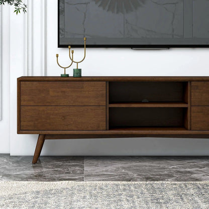 Caroline Modern TV Stand by Unique Piece Furniture in walnut wood with 2 brass candle holders on Tampa Home & Garden Store