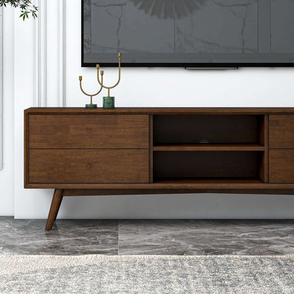 Dark brown solid wood TV stand with two drawers and open shelf, gold candle holders on top on Tampa Home & Garden Store