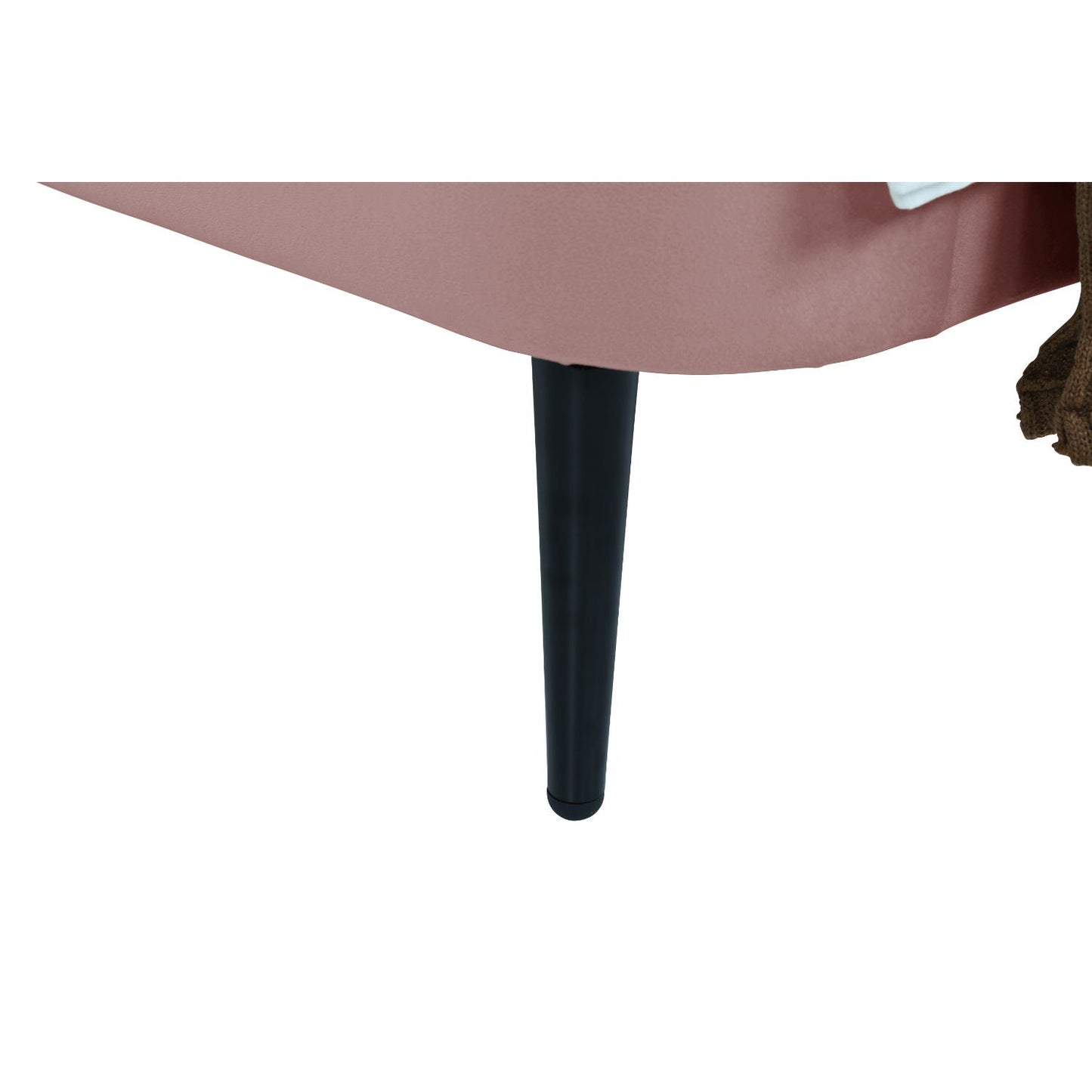 Heather upholstered bed with curved headboard in blush pink fabric with black tapered legs on Tampa Home & Garden Store