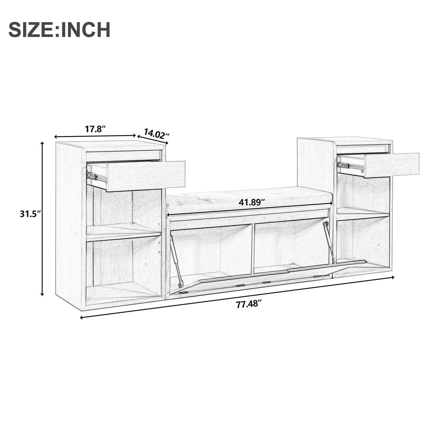 Entryway storage bench with cushion, drawers and open shelves in wood by Unique Piece Furniture on Tampa Home & Garden Store