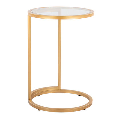 Round end table with tempered glass top in gold finish, metal frame on Tampa Home & Garden Store