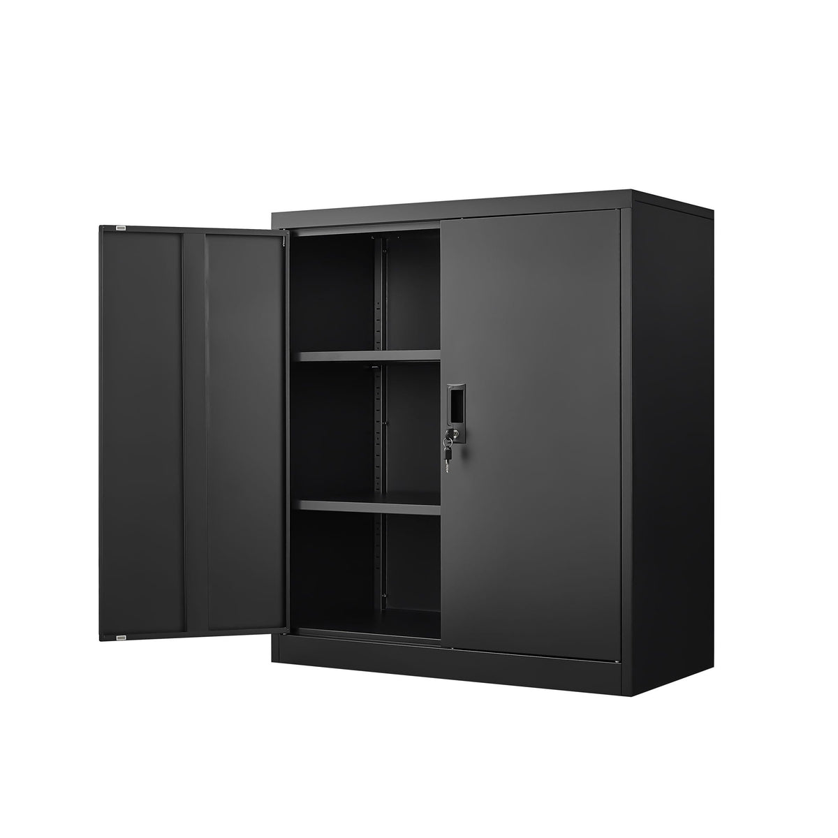 Metal storage cabinet with locking doors and adjustable shelves in black steel on Tampa Home & Garden Store