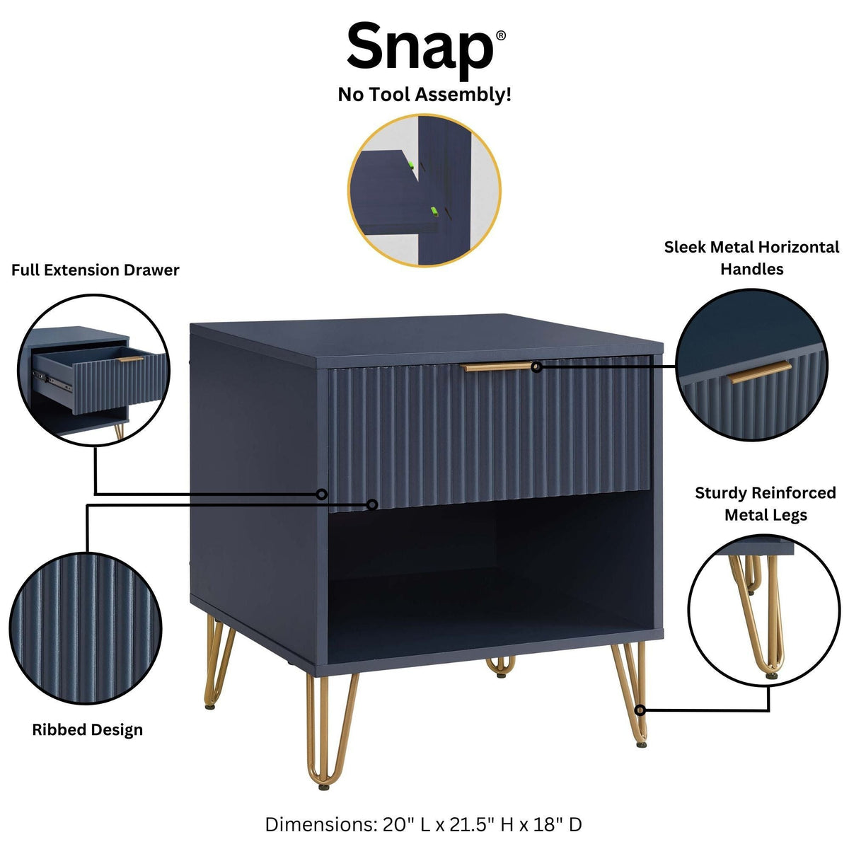 Modern nightstand with fluted drawer and metal handles HouseOfZazla navy ribbed gold legs on Tampa Home & Garden Store