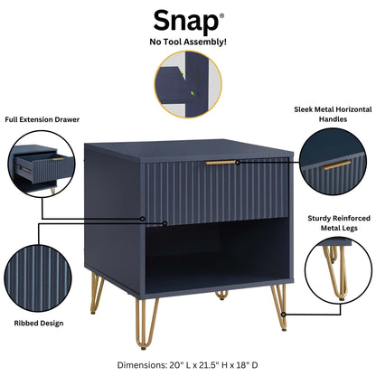 Modern nightstand with fluted drawer and metal handles HouseOfZazla navy ribbed gold legs on Tampa Home & Garden Store