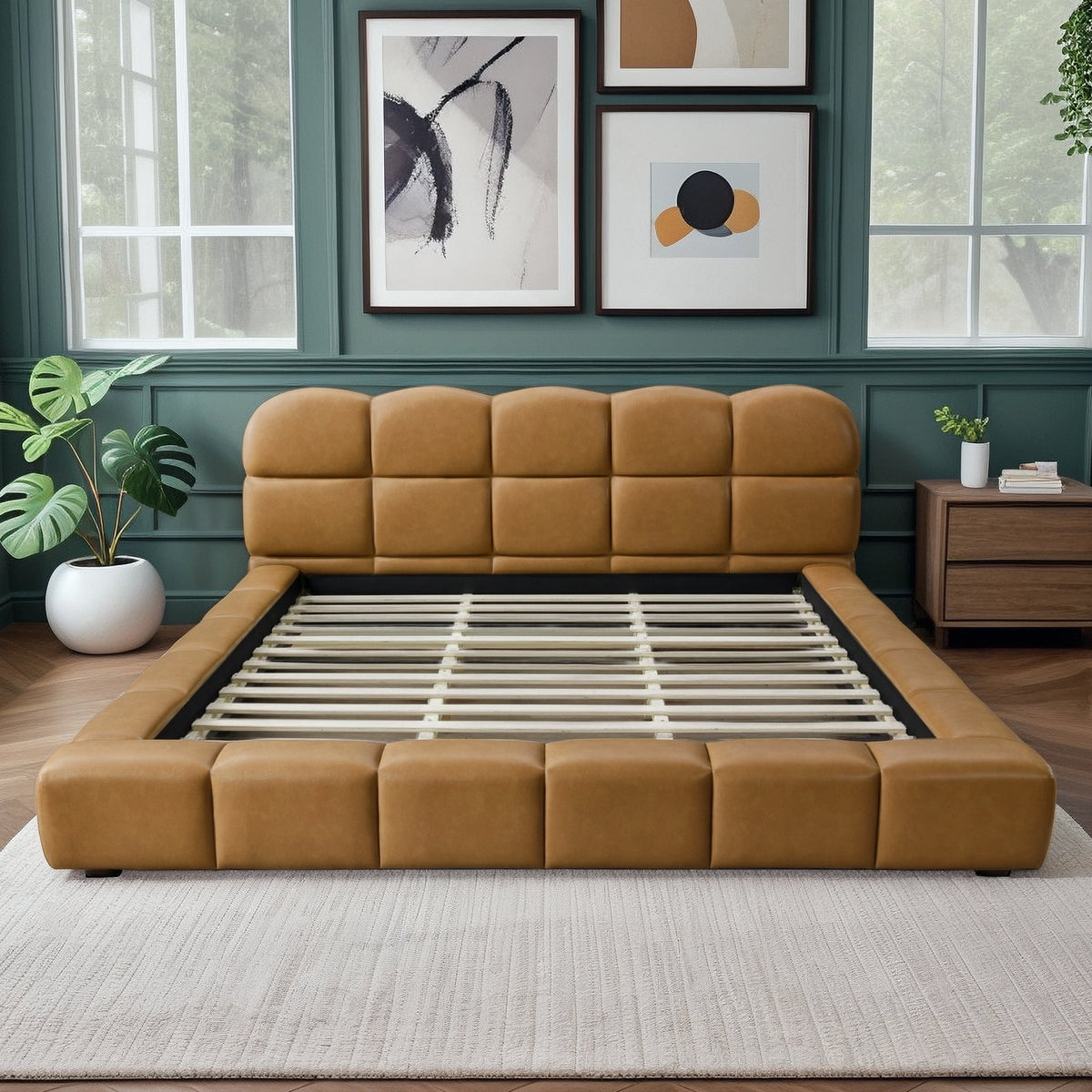 Roswell Queen Size Platform Bed tan leather upholstery with slatted frame in green room on Tampa Home & Garden Store