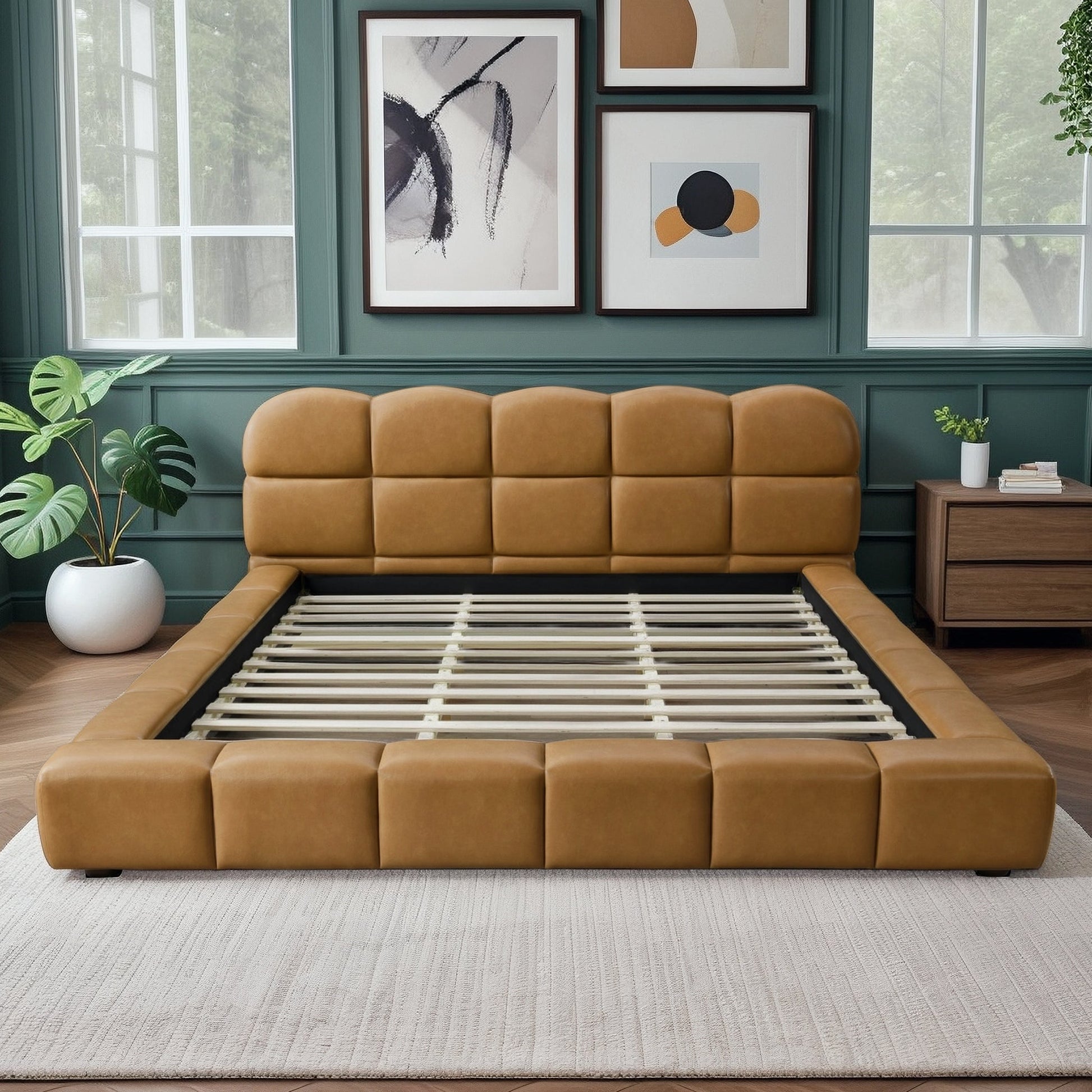 Roswell Queen Size Platform Bed tan leather upholstery with slatted frame in green room on Tampa Home & Garden Store