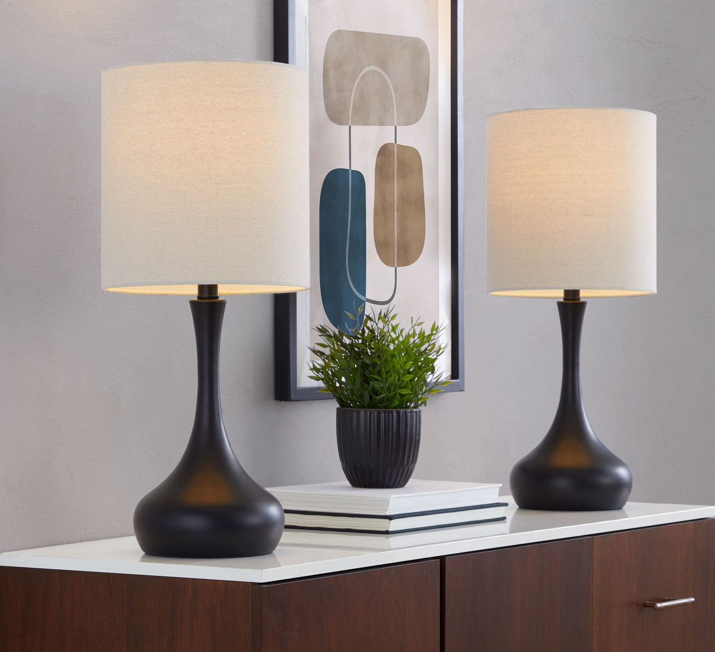 Genie contemporary table lamp set of 2, matte black bases with oatmeal shades on Tampa Home & Garden Store