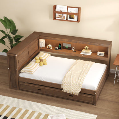 Brown wood daybed with built-in storage shelf and under-bed trundle on Tampa Home & Garden Store