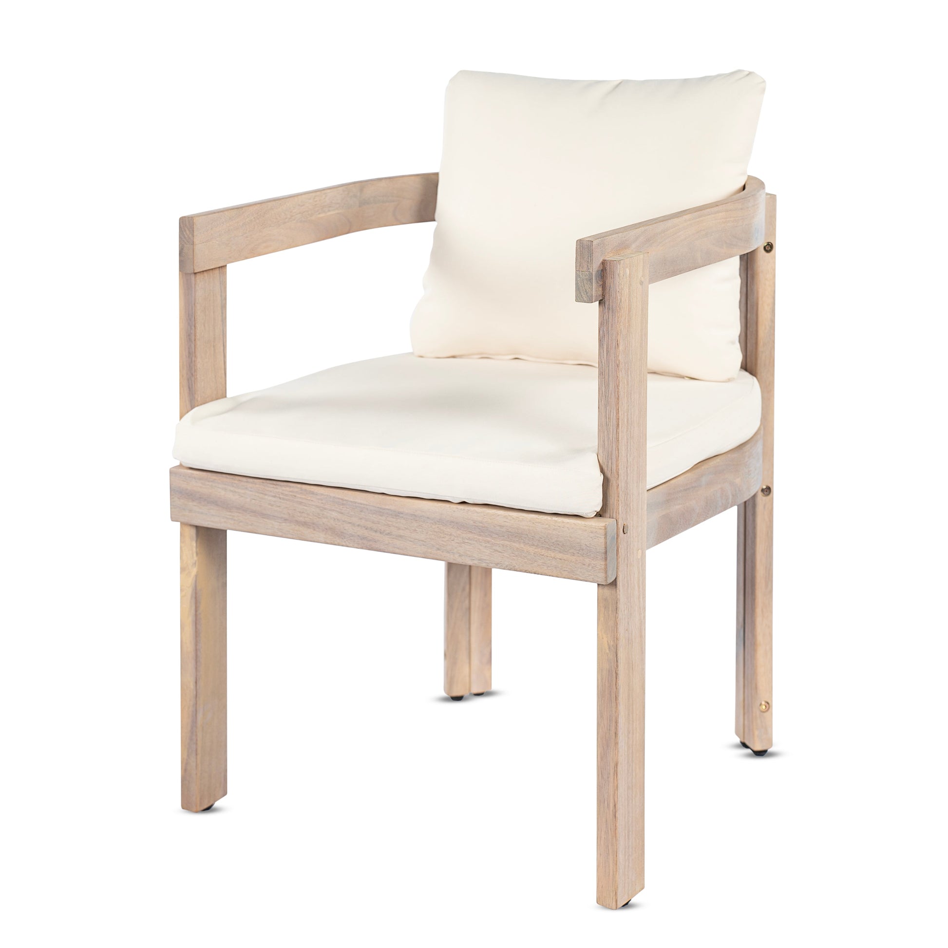 Acacia wood dining chairs with cream cushions; set of 2 for patio seating on Tampa Home & Garden Store