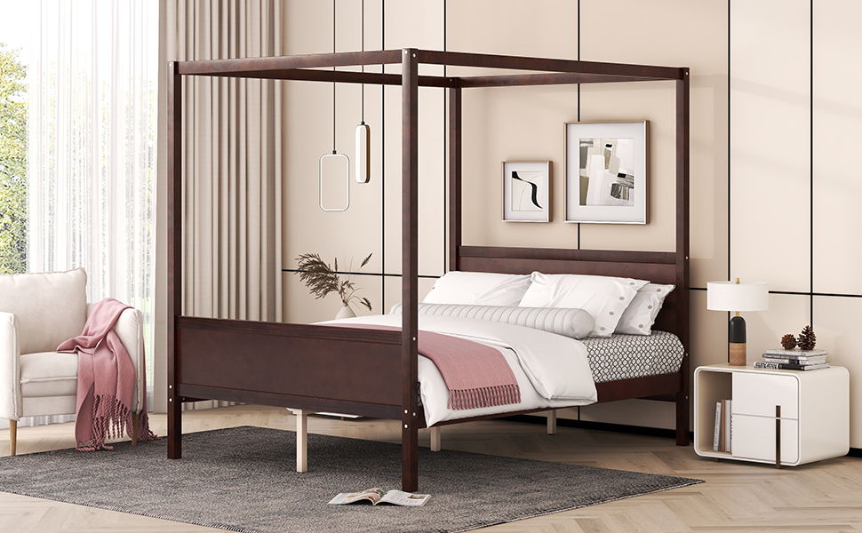 Modern Canopy Platform Bed and Wooden Headboard