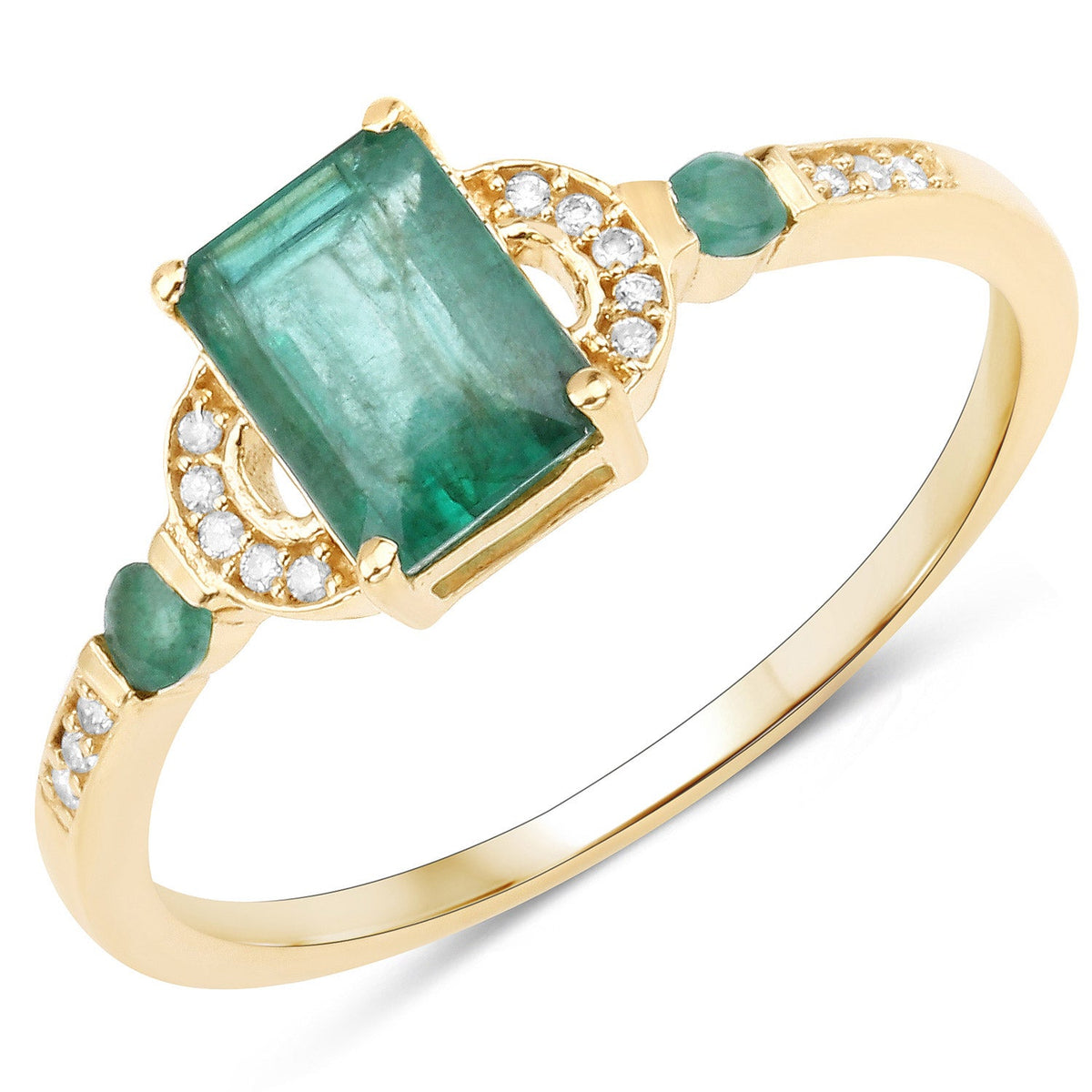 14K yellow gold ring with 1.07ct Zambian emerald centerpiece, diamond halo and emerald accents along band on Tampa Home & Garden Store