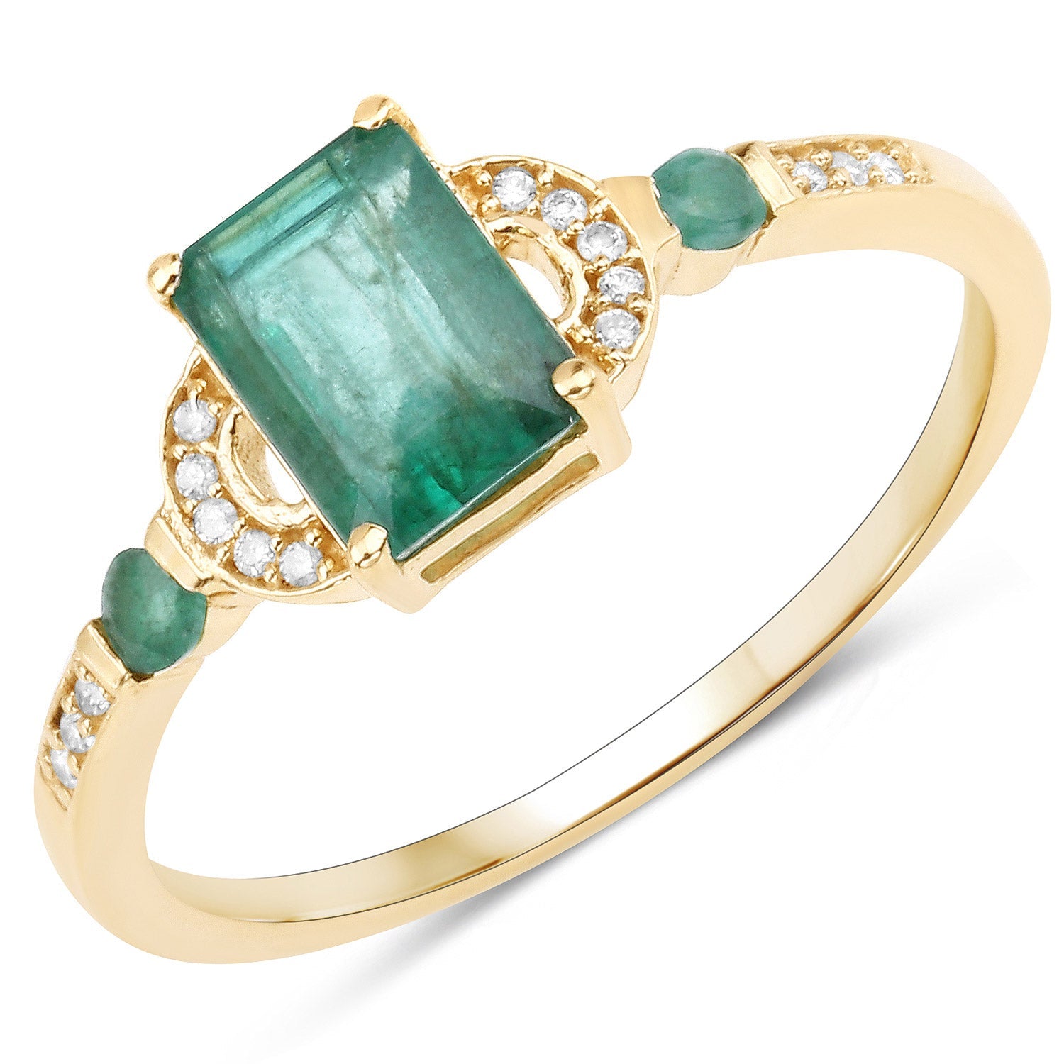 14K yellow gold ring with 1.07ct Zambian emerald centerpiece, diamond halo and emerald accents along band on Tampa Home & Garden Store