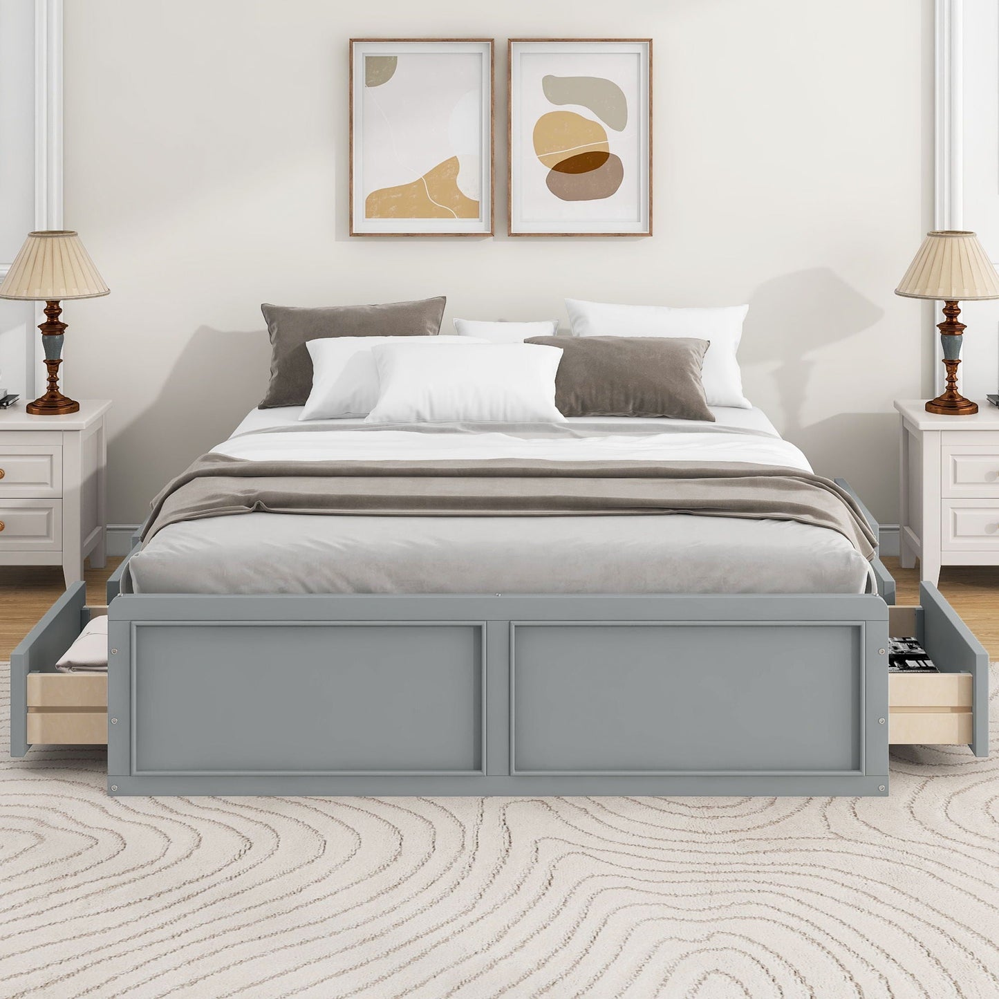 Queen Platform Bed Frame With 6 Drawers and Gray