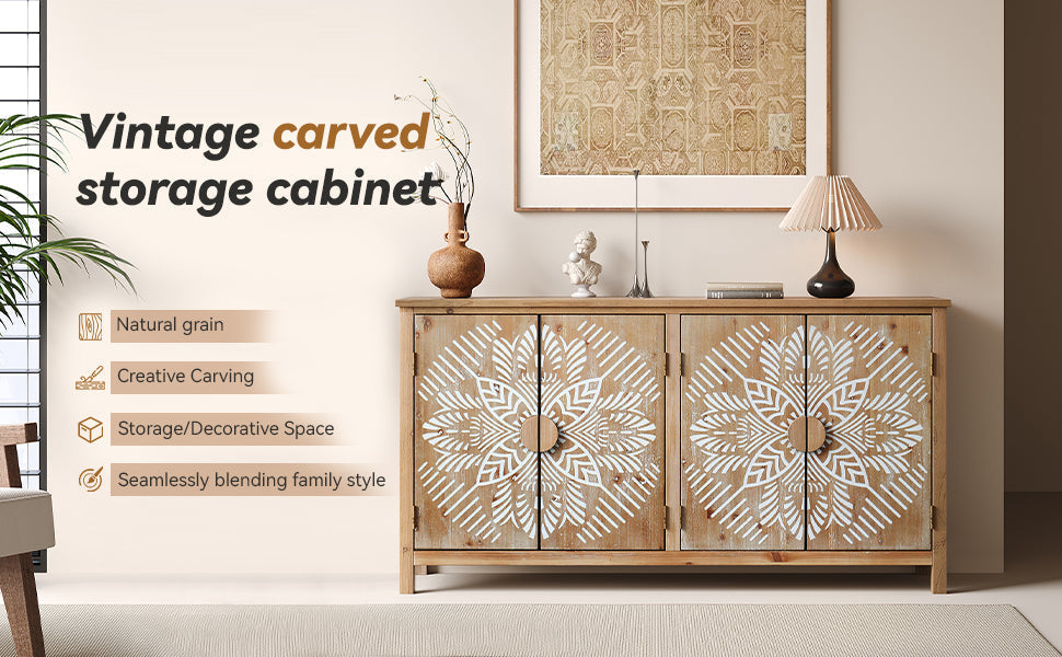 60in wood accent cabinet with 4 carved doors in brown and antique white, round wooden knobs on Tampa Home & Garden Store